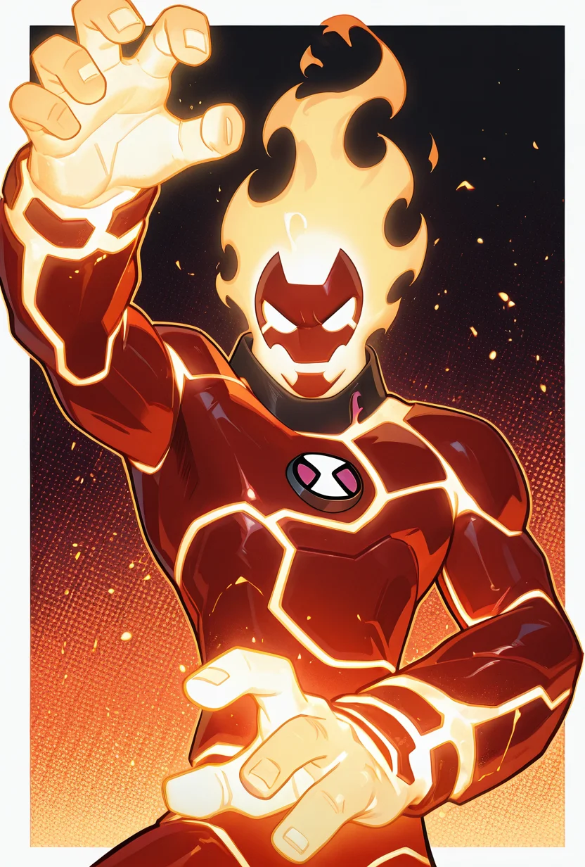 <lora:heatblast-09:1> heatblast, fire, 1boy, dynamic pose, action pose, masterpiece, best quality, amazing quality, very aesthetic, absurdres, newest,, upper body, halftone effect, white borders, abstract background:1.2,