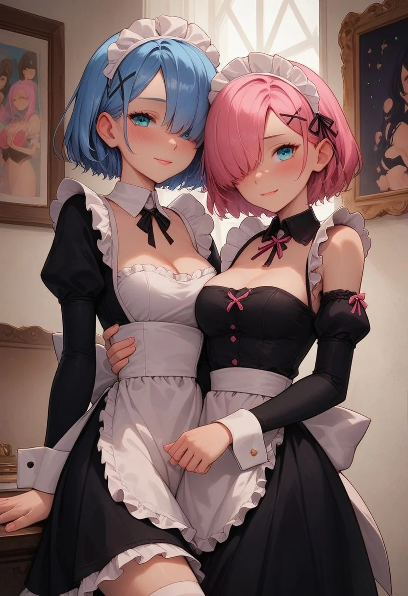 score_9, score_8_up, score_7_up, score_6_up,
2girl, 25 years old, perfect face, (adult), sexy,
blue eyes,
blue hair, pink hair, short hair, hair ornament, hair over one eye, x hair ornament,
maid headdress, black dress, black ribbon, black sleeves, cleavage, collar, detached collar, pink ribbon, detached sleeves, frilled collar, frilled dress, frilled sleeves,
white thighhighs, white apron,
shy smile, blush,
inside, castle, big windows, paintings,
cowboy shot,