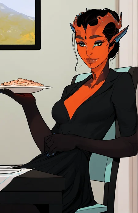 A beautiful Puazi woman, score_9_up, score_8_up, score_7_up,incredibly detailed, incredibly realistic, professional artist, dramatic lighting, incredibly beautiful woman, horns,sitting in a chair at an expensive restaurant, evening gown, flirty smile,
 <lora:Puazi_Pony:1> <lora:incase-ilff-v3-4:0.4> <lora:CALM_testXL_4image_125steps:0.3>