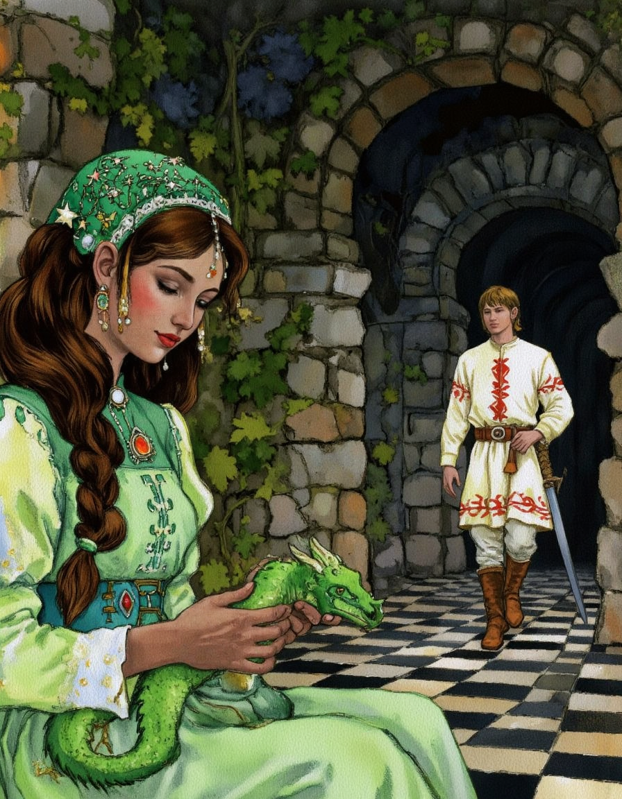 <lora:kochergin:1>,This is a vibrant digital illustration depicting a scene from a fantasy story. The foreground features a young woman with long, dark hair styled in a braid, adorned with a green headdress decorated with intricate, star-shaped designs and pearls. She wears a green dress with puffed sleeves, a high collar, and a belt adorned with a jewel. Her expression is serene, and she holds a green dragon in her hands, which is coiled around her wrist.
In the background, a young man with light skin and short brown hair, wearing a white tunic with red detailing on the sleeves and a red belt, walks towards the viewer. His attire includes brown boots and a sword at his side. He has a determined expression and is dressed in a medieval style. The background consists of a dimly lit, stone-walled corridor with archways and a checkered floor pattern of black and white squares. The walls are adorned with green vines and plants, adding a touch of nature to the otherwise medieval setting. The overall mood is one of adventure and mystery, with a blend of fantasy and historical elements.