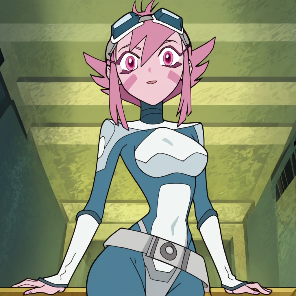 1girl, Certhana, colored skin, pink hair, short hair, pink eyes, goggles on head, medium breasts, narrow waist, wide hips, looking at viewer, highres, high quality, masterpiece, <lora:Certhana:1> <lora:Expressive_H:1> Expressiveh