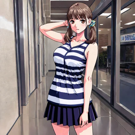 <lora:YS_AyanaFujisawaXLIllustrious004>,
masterpiece,best quality,good quality,newest,
detailed background,
looking at viewer,
solo,
AyanaFujisawa,1girl,brown hair,low twintails,brown eyes,
striped_shirt,sleeveless,
pleated_skirt,
standing,