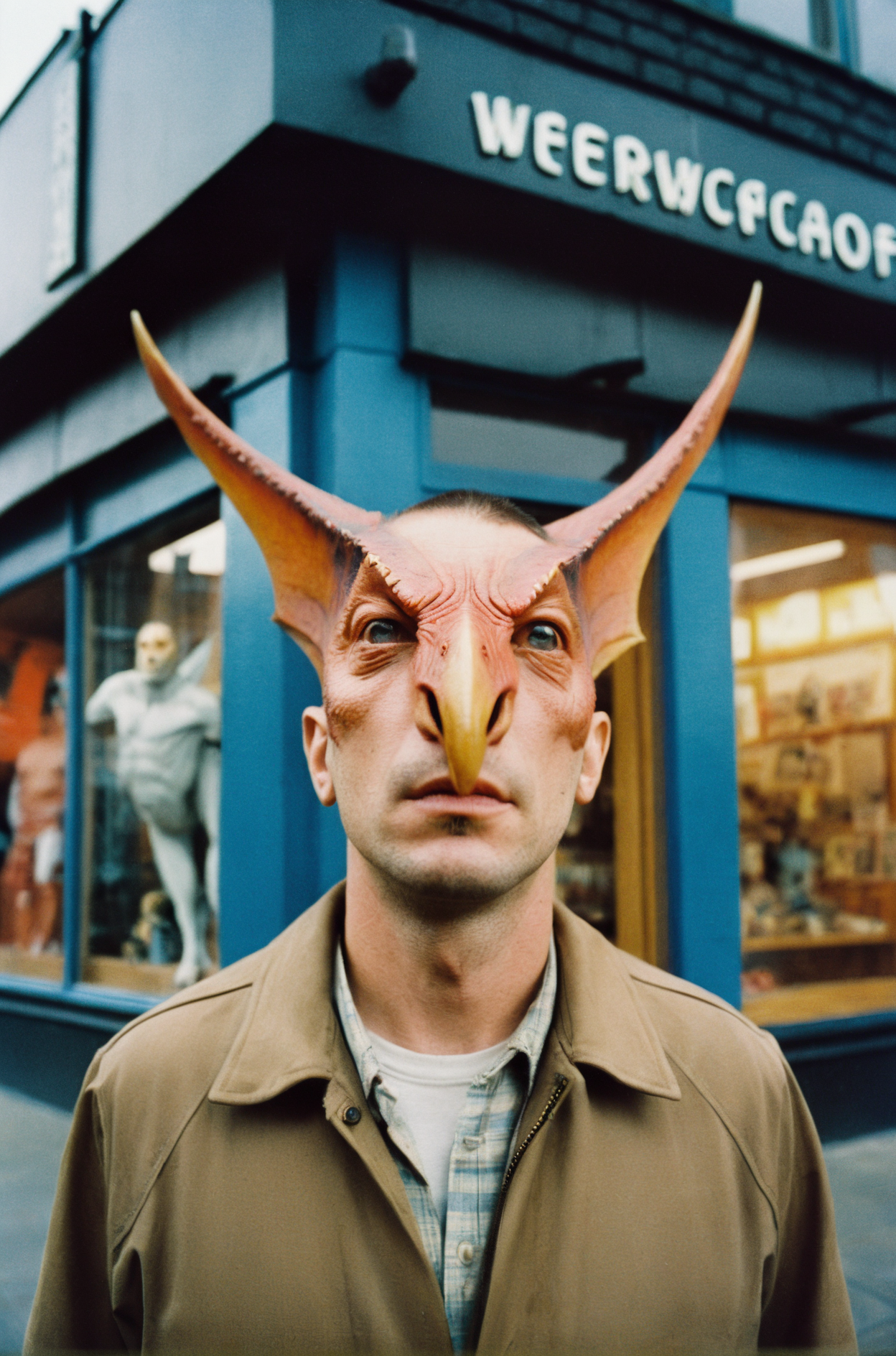 analog photography aesthetic,film grain texture, Werewolf,Pterodactyl,cultural fashion elements,illuminated storefronts,(squint :1.5),Storm Thorgerson,provocative,dilated pupils,sentimentality,Dirck de Quade van Ravesteyn