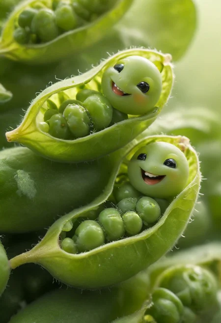 Closeup, amazing quality, masterpiece, best quality, hyper detailed, ultra detailed, UHD, perfect anatomy, portrait, dof, hyper-realism, majestic, awesome, inspiring, Capture the joy of life within a humble pea pod: tiny, smiling zhibi peas basking in the gentle warmth of the sun filtering through the open translucent pod. Let the radiance of nature's embrace illuminate their laughter, cinematic composition, soft shadows, national geographic style