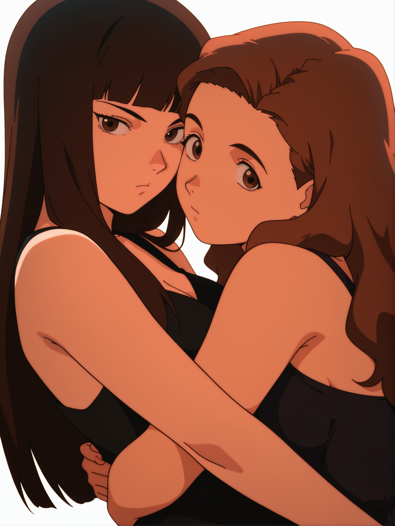 masterpiece, best quality, amazing quality, absurdres, newest, dynamic_angle, defined facial features, anime coloring, anime screencap, white background, 
<lora:Reika-Juri_IL1.1_v0:1>
2girls, hug, yamamoto reika \(sel\), (kato juri \(sel\), hair down, long hair), black black dress, sexy, older, medium breasts, looking at viewer,