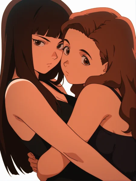 masterpiece, best quality, amazing quality, absurdres, newest, dynamic_angle, defined facial features, anime coloring, anime screencap, white background,
<lora:Reika-Juri_IL1.1_v0:1>
2girls, hug, yamamoto reika \(sel\), (kato juri \(sel\), hair down, long hair), black black dress, sexy, older, medium breasts, looking at viewer,