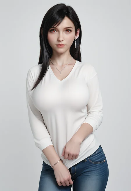 score_9, score_8_up, score_7_up, realistic,
1girl, solo,
standing,
looking at viewer,
white shirt, long sleeves,
jeans, necklace, earrings, bracelet,
white background, simple background,
<lora:Tifa_Lockhart_SKNSFWV1:0.7> T1f4_L0ckh4rt_SKNSFW, tifa lockhart, red eyes, swept bangs, long hair, black hair, large breasts,