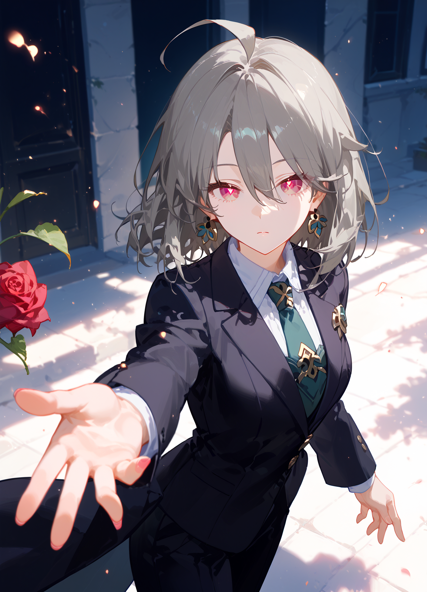 score_9_up,score_8_up,score_7_up,score_6_up,score_5_up,Anime_Screencap,source_anime,best quality,1girl,cowboy shot,from above,hand focus,rose,reaching,
<lora:Honkai3 vita2_pony:0.9>,vt_w,grey hair,medium hair,ahoge,bangs,hair between eyes,magenta eyes,yellow pupils,(suit),earrings,necktie,<lora:hand 4:1>,<lora:neg4all_bdsqlsz_xl_V91:1>,