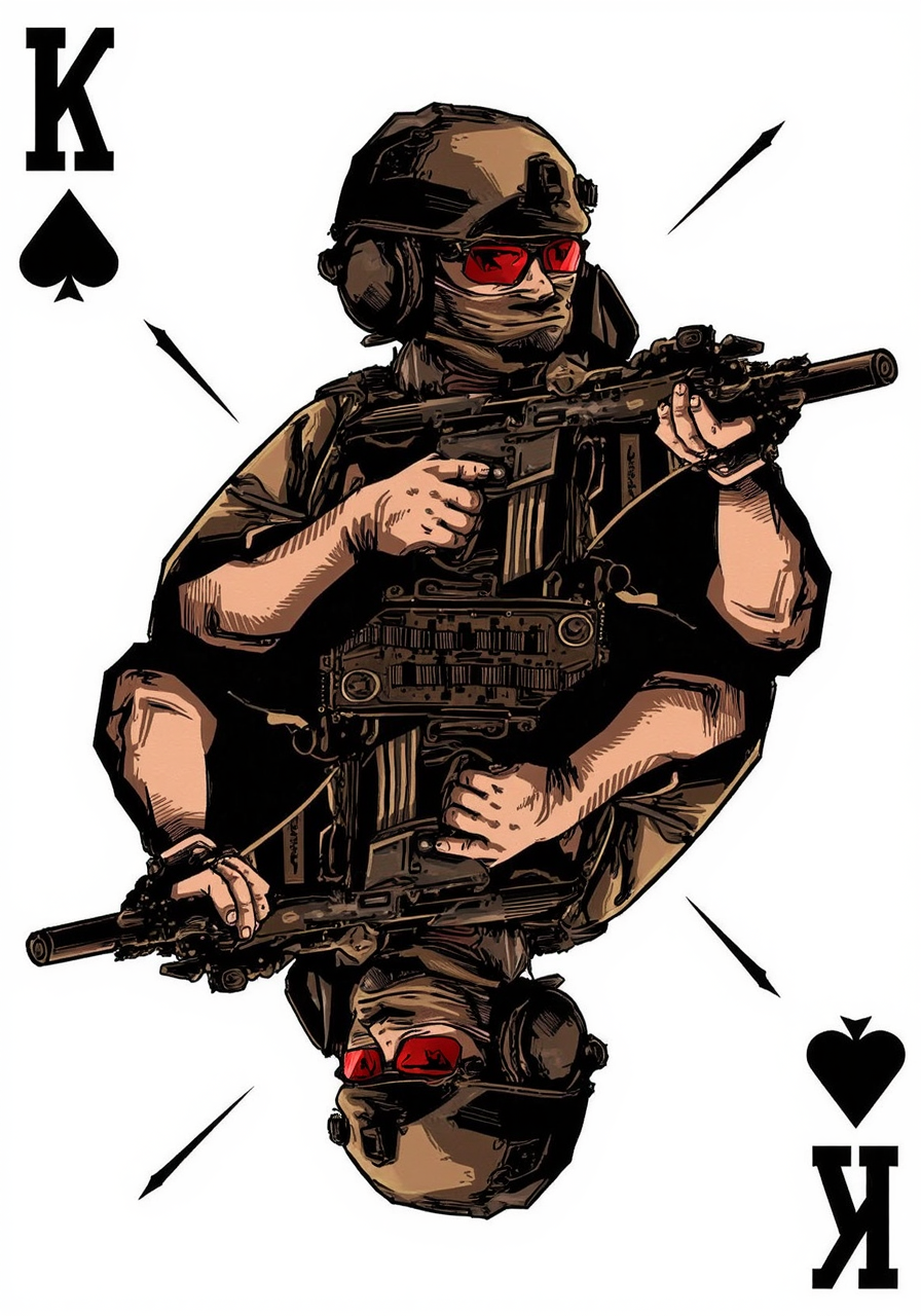 BPRE art of a stylized playing card featuring a mirrored depiction of an operator aiming a tactical carbine as the King of Spades. with a "K" and spade symbol in the top left and mirrored on the bottom right, His tactical gear is rendered in intricate detail, including a high cut helmet with black headphones, tactical chest rig, red glasses and a mask covering his face,. The BPRE art style shines through with its characteristic high-contrast lighting and meticulous attention to detail, particularly in the operator's gear and weaponry. The interplay of light and shadow across the figureâs gear creates depth, while the restrained yet striking color palette amplifies the tension and drama of the design. The blending of tactical realism with artistic symmetry exemplifies the distinctive BPRE aesthetic, seamlessly integrating the operator's dynamic energy into the structure of a playing card motif.<lora:BPRE-000013.safetensors:1.0:1.0> <lora:Playing Card Pictures - [FLUX] - v0.3_epoch_23.safetensors:0.5:0.5>