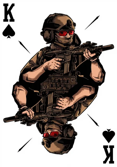 BPRE art of a stylized playing card featuring a mirrored depiction of an operator aiming a tactical carbine as the King of Spades. with a "K" and spade symbol in the top left and mirrored on the bottom right, His tactical gear is rendered in intricate detail, including a high cut helmet with black headphones, tactical chest rig, red glasses and a mask covering his face,. The BPRE art style shines through with its characteristic high-contrast lighting and meticulous attention to detail, particularly in the operator's gear and weaponry. The interplay of light and shadow across the figureâs gear creates depth, while the restrained yet striking color palette amplifies the tension and drama of the design. The blending of tactical realism with artistic symmetry exemplifies the distinctive BPRE aesthetic, seamlessly integrating the operator's dynamic energy into the structure of a playing card motif.<lora:BPRE-000013.safetensors:1.0:1.0> <lora:Playing Card Pictures - [FLUX] - v0.3_epoch_23.safetensors:0.5:0.5>