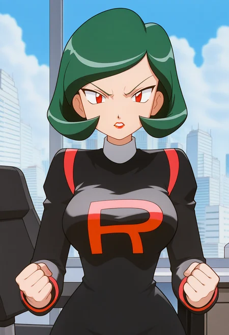 masterpiece, best quality, good quality, <lora:PMWendyIL:0.9>, PMWendy, 1girl, solo, green hair, short hair, red eyes, lipstick, breasts,
team rocket uniform, black short dress, long sleeves, brown pantyhose,
looking at viewer, v-shaped eyebrows, angry, clenched hands, upper body, 
BREAK indoors, day, office, swivel chair, window, blue sky, cityscape,