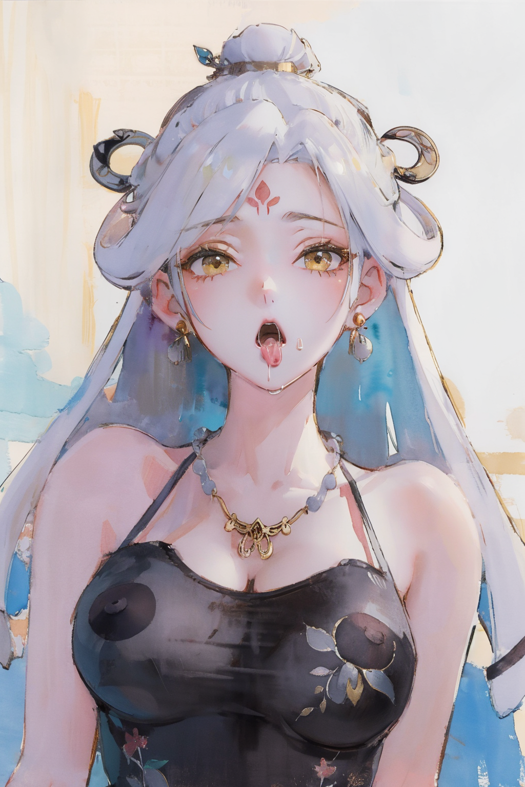 <lora:XiaobaiV2-SD15optimize>,
masterpiece,highest quality,exquisite details,amazing art,realistic details,pretty face,real skin,8K,RAW,movie lighting,soft light,shallow depth of field,bokeh,dreamy,
xiaobai,1girl,jewelry,solo,white hair,earrings,looking at viewer,long hair,hair ornament,upper body,necklace,parted lips,smile,
Paper texture,Ink splash,beautiful detailed eyes,Golden Eyes,(covered nipples:1.2),
traditional_media,pastel_color,black camisole,camisole pull,
<lora:æ°ä¸­å¼å·¥ç¬æ°´å¢¨newchinese-1122-1:1>,watercolor background,splash ink,xuan paper,inkblot,(paper texture:1.4),
facing viewer,portrait,alpha transparency,plum blossom embroidery,transparency of clothes,gold thread embroidery,(open mouth:1.2),(:o:1.5),(drooling:1.5),oral_invitation,happy facial,
