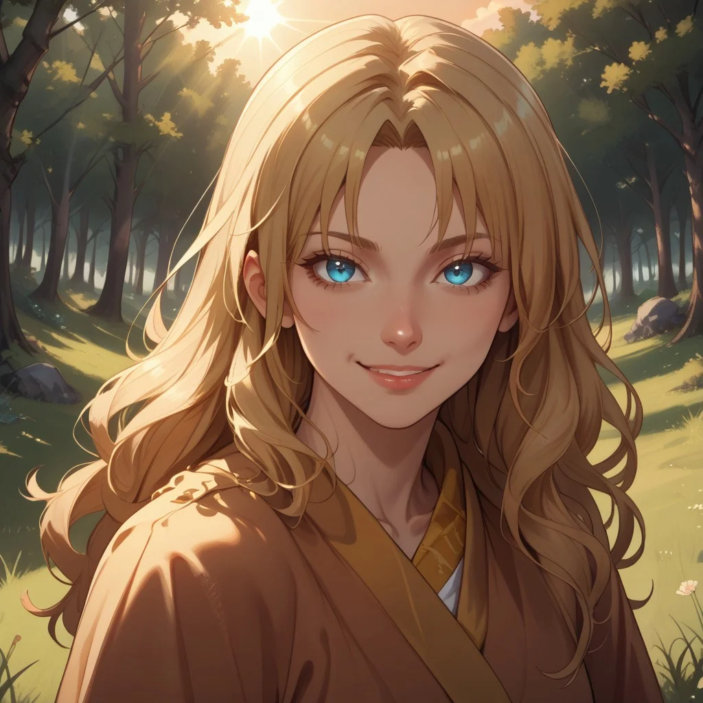 score_9, score_8, BREAK, solo, sendou erika, blonde hair, long hair, blue eyes, sexy pose, self portrait, smile, outdoors, sunlight, shadows, evening lighting, natural lighting, forest, trees, grass, orange sky, sunset