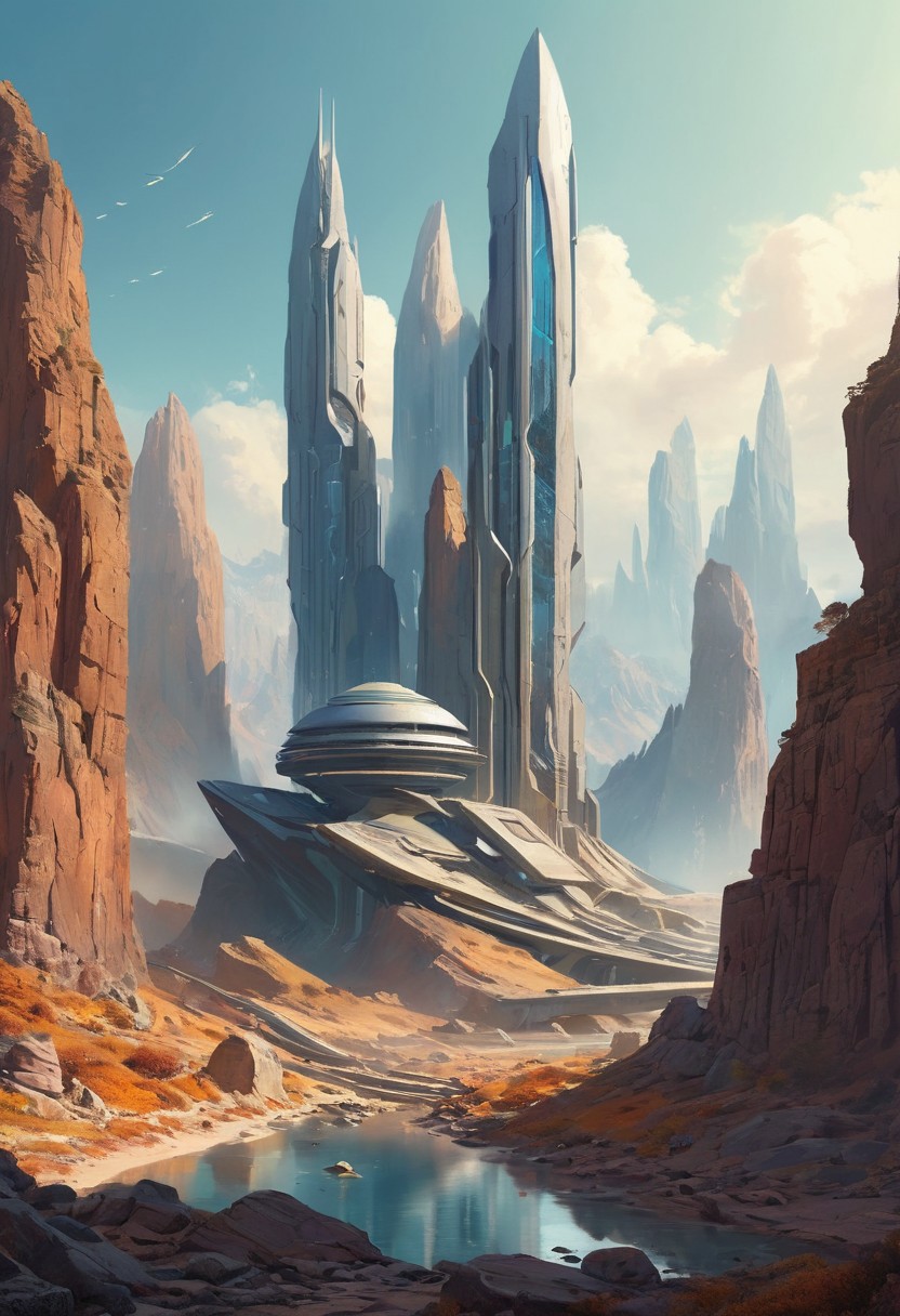 futuristic architecture, rocky landscape,  dream scenery art, digital painting