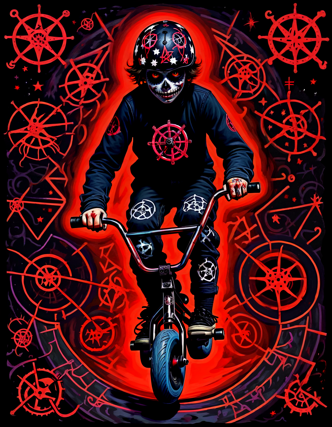Occult satanic artwork 1boy driving a mini bmx,,. Pentagrams, demonic figures, inverted crosses, dark ritualistic horror
