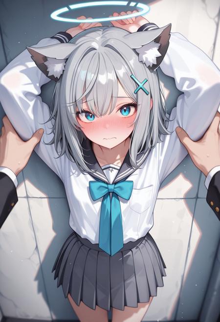 0010011_illu, masterpiece, best quality, very aesthetic, 1girl, shiroko sunaookami, small breasts, animal ears, blue eyes, grey hair, hair ornament, hairpin, halo, medium hair, pleated skirt, white shirt, school uniform, looking at viewer, shocked, slight blush, embarrassed, povkabedon, 1girl, solo focus, female's arms up, arms above head,( arms held in place by male:1.4), blushing, wavy mouth, embarrassed,