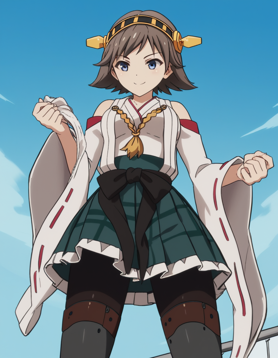 score_9, score_8_up, score_7_up, source_anime, <lora:kancolle-hiei-s1-ponyxl-lora-nochekaiser:1>, hiei, short hair, blue eyes, brown hair, hairband, hiei (kancolle), medium breasts,, skirt, thighhighs, bare shoulders, pantyhose, detached sleeves, japanese clothes, nontraditional miko,, laundry day, clothesline, drying clothes, domestic life, fresh air, blue sky, , , smile, from below, solo,, cowboy shot, dutch angle