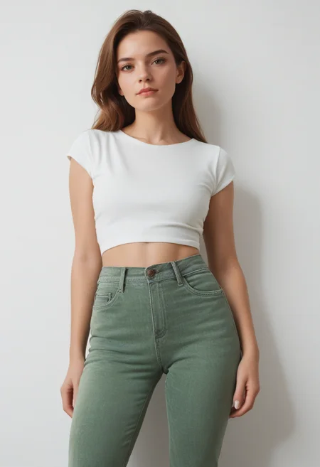 <lora:8L4J34N-000016:0.4>, (((8L4J34N))), looking at viewer, beautiful face, denim, green pants, (((facing viewer))), 1girl, pants,, score_9, score_8_up, score_7_up,