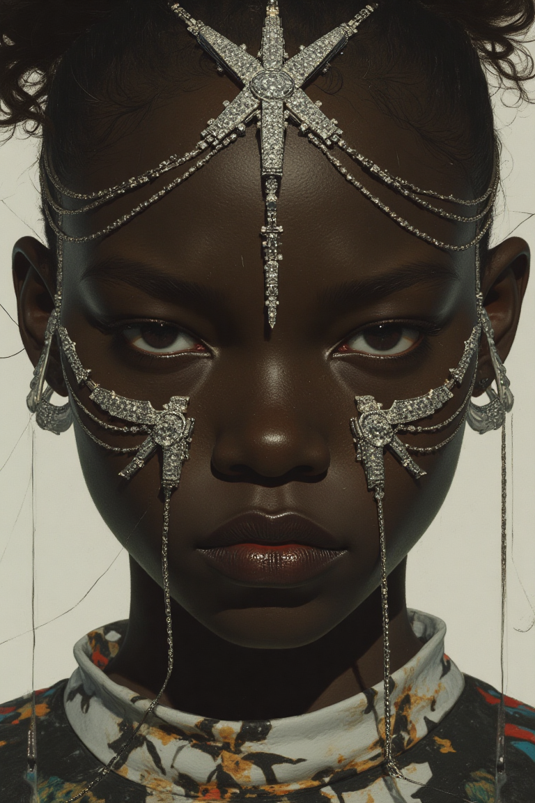 A highly stylized hyper-realistic portrait of a dark-skinned woman, her expression stoic and devoid of emotion, as she gazes directly into the viewer’s eyes. She wears a symmetrical chrome silver crown, its sparkling diamonds arranged in a flawless, geometric fashion that crowns her head with regal elegance. The crown catches the light, casting dazzling reflections that highlight the sharp angles of her face. A diamond-encrusted necklace adorns her neck, complementing the crown with its intricate design, each diamond sparkling brightly against her skin. A fine face ornament, known as the “diamond cascade,” stretches across her face in delicate silver chains, each studded with small, radiant diamonds. The chains follow the curve of her face, crossing her forehead and cheeks in a symmetrical fashion, creating a striking contrast with her dark skin. The soft light reflects off the diamonds, creating a luminous, surreal effect around her, emphasizing the ethereal beauty of the face ornament and her unyielding, emotionless gaze.