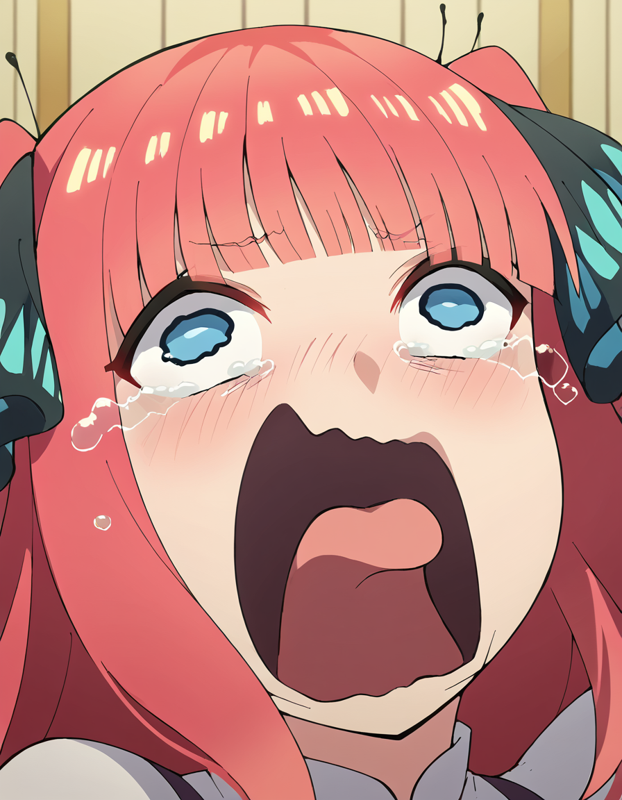 score_9, score_8_up, score_7_up, source_anime, <lora:nnakano-s2-ponyxl-lora-nochekaiser:1>, long hair, bangs, blue eyes, hair ornament, hair ribbon, pink hair, blunt bangs, two side up, butterfly hair ornament, large breasts,, <lora:crying-aqua-ponyxl-lora-nochekaiser:1> crying aqua, crying aqua (meme), screaming, crying, crying with eyes open, tears, tongue, open mouth,, ,