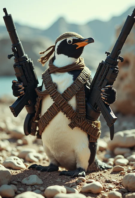 a semi-realistic penguin, its tuxedo-like feathers replaced with a makeshift camouflage outfit, complete with a bandana and a headband, à la Rambo, as it stands proudly in a rugged, rocky landscape, its flippers grasping two gigantic machine guns, one in each arm, the guns nearly as long as the penguin itself, with belts of ammunition wrapped around its body, the penguin's beak set in a determined expression, its eyes gleaming with a fierce, battle-hardened intensity, as if it's ready to take on the toughest of foes, the wind ruffling its feathers, the sun casting a heroic glow on its rugged, weathered plumage, the penguin's posture exuding a sense of confidence and bravado, as if it's the toughest, most feared warrior in the animal kingdom, its Rambo-esque attire a testament to its unyielding spirit and unwavering determination, the image a humorous, action-packed mashup of the iconic action hero and the lovable, waddling penguin, with a dash of semi-realistic flair and a whole lot of attitude, the penguin's tiny feet and legs straining to hold up the massive guns, its entire body tense with effort, as if it's about to unleash a hail of bullets on its enemies, the scene a ridiculous, over-the-top parody of action movie excess, with the penguin as the unlikely, yet formidable, hero