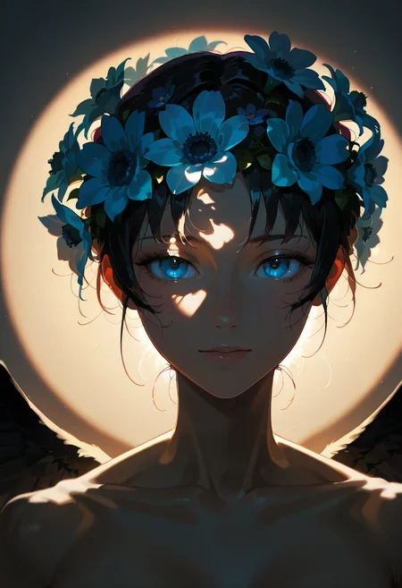 gobo lighting, shadow, wings, flowers, magical, 1girl, portrait,