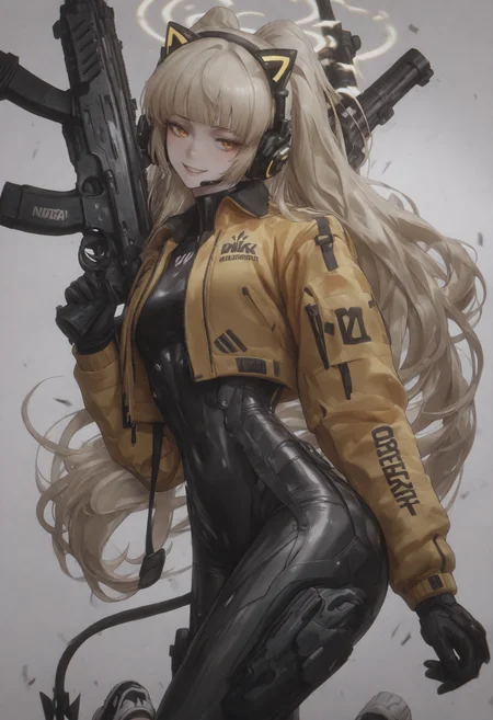 masterpiece,best quality,absurdres,very awa,highres,newest,year 2024,year 2023,<lora:illustrious_noobai_epsilon_pred_1_masterpieces_v1:0.7>,<lora:ponyv4_noob1_2_adamW:0.7>,<lora:spo_sdxl_10ep_4k-data_lora_webui:0.6>,<lora:add-detail-xl:0.35>,<lora:KonyaKarasue:0.4>,akramness,ekrea jan,nslacka,
sk997cos,sk01 jacket,sk02 sneakers,
yellow jacket,
BREK,
<lora:illustrious_XL_tsunemori:0.9>,tsunemori,
BREAK
fringe bangs,gun,
BREAK
seductive smile,
black gloves,
Holding one hand out to side,palm forward,(white background:1.1),
<lora:997sk cosplay IL:1>,