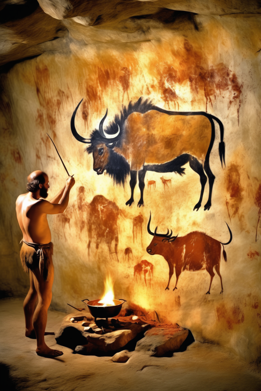 <lora:Lascaux:1>Lascaux - Cave paintings Thousands of years ago in a large cave, an ancient man paints on a wall the story of a hunter of a large bison, next to a fire that lights the cave and a piece of meat is cooked on it