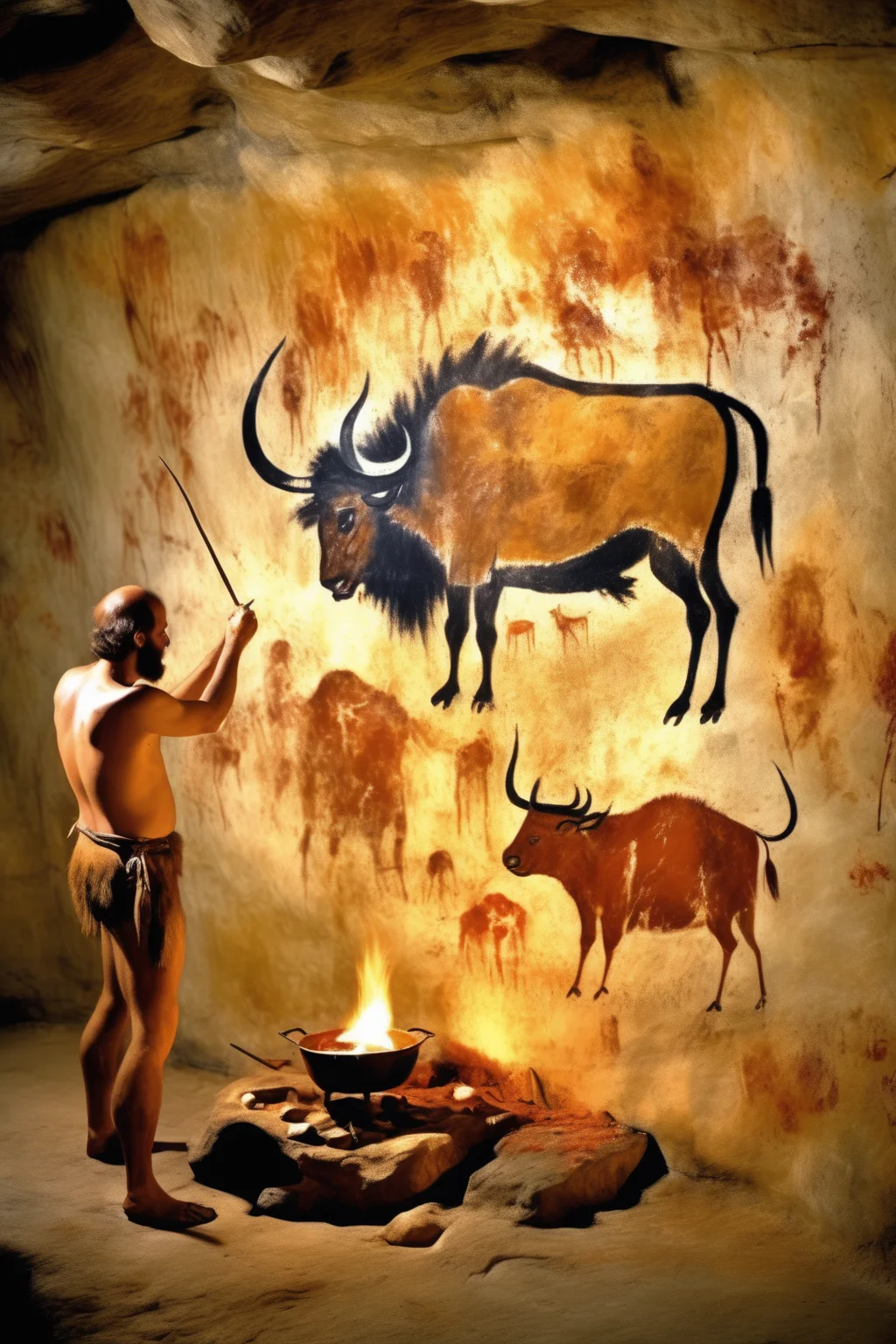 <lora:Lascaux:1>Lascaux - Cave paintings Thousands of years ago in a large cave, an ancient man paints on a wall the story of a hunter of a large bison, next to a fire that lights the cave and a piece of meat is cooked on it