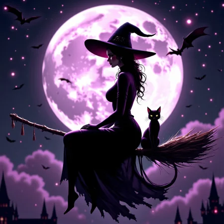 Masterpiece. Illustration of a silhouette of a beautiful adult witch and her cat sitting on a (broomstick:1.2) in front of a full moon. The witch is wearing a pointed hat and a long black Victorian dress. The cat is sitting on the broomstick behind the witch. The background is dark, with a hint of purple and pink galaxies, and the moon is partially visible behind a fog with bats flying in the distant sky. The overall mood of the image is eerie and mysterious. high-res, semi realistic, best quality, intricate details, ultra details, good lighting, vibrant colors, very detailed, octane render, absurdres. ray tracing, mythp0rt.