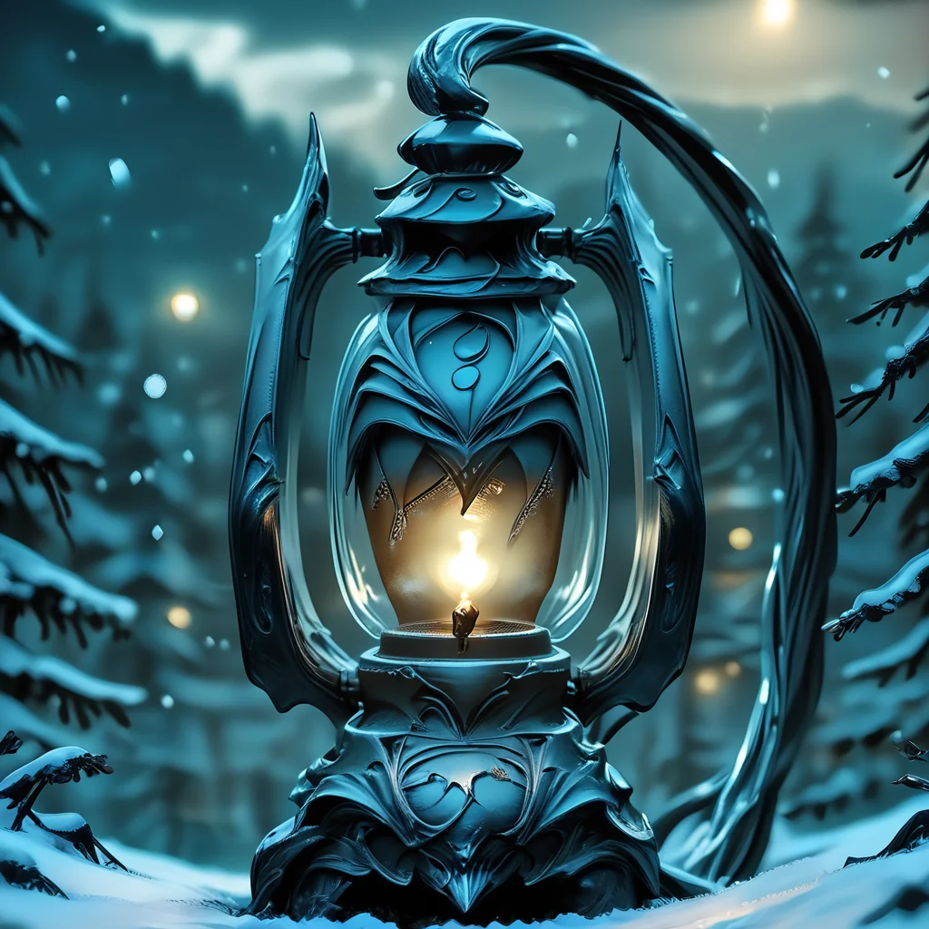 Score_9, score_8_up, score_7_up, score_6_up, BREAK <lora:Eldritch_Sci-FiPony:1> ArsMJStyle, Eldritch Sci-Fi, The image shows a lantern in the middle of a snowy forest illuminated by a light in the center. The background is blurred giving the image a dreamy ethereal feel., no humans, snow, helmet, armor, blurry, snowing, solo, night, outdoors
