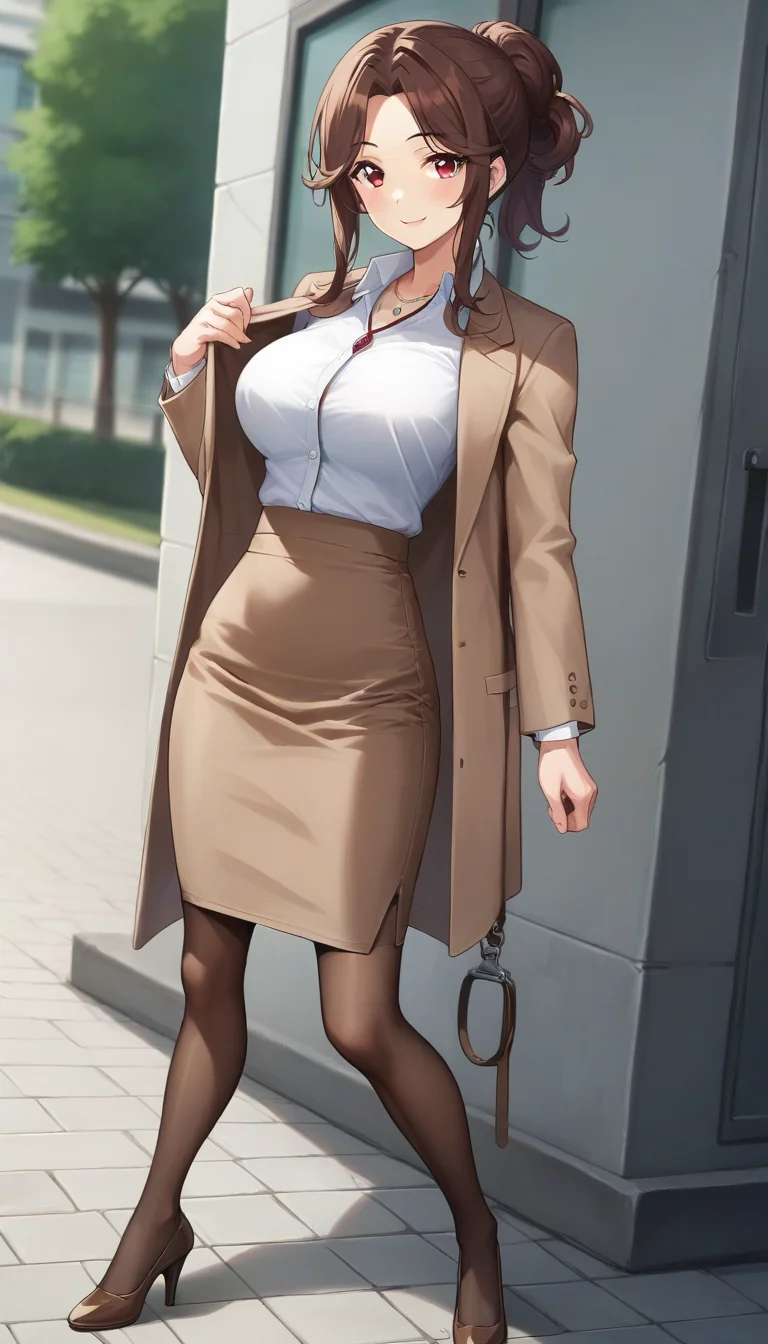 score_9,score_8_up,score_7_up,score_6_up BREAK official art,solo,outdoors,upper body,(portrait:1.5),looking at viewer,facing viewer,smile,blush,Yuni Irido,long hair,brown hair,ponytail,single hair bun,sidelocks,parted bangs,red eyes,jewelry,necklace,brown jacket,blazer,white shirt,collared shirt,long sleeves,large breasts,skindentation,shirt tucked in,pencil skirt,brown skirt,brown pantyhose,high heels,brown footwear,<lora:Yuni Irido(mtm)-Pony:1.2>,
