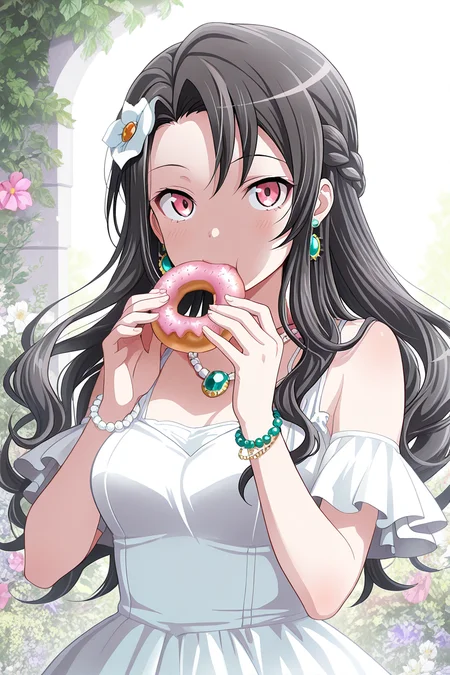 masterpiece, best quality, amazing quality,
<lora:Rui_IL:1> rui, 1girl, food, solo, jewelry, black hair, bracelet, doughnut, necklace, earrings, long hair, braid, hair ornament, flower, white dress, dress, looking at viewer, beads, eating, gem, red eyes, holding, pink eyes, upper body