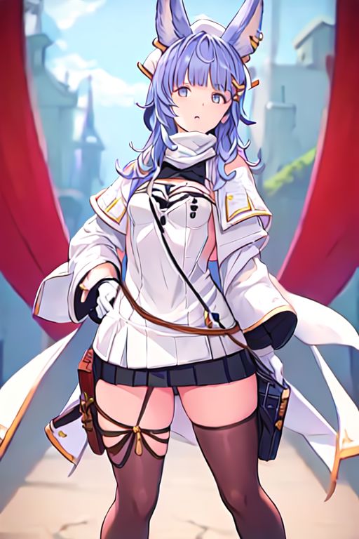 tikohdef, hair ornament, black thighhighs, white gloves, white headwear, white dress, cleavage, white panties, long sleeves
