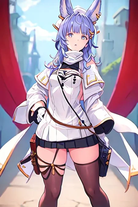 tikohdef, hair ornament, black thighhighs, white gloves, white headwear, white dress, cleavage, white panties, long sleeves