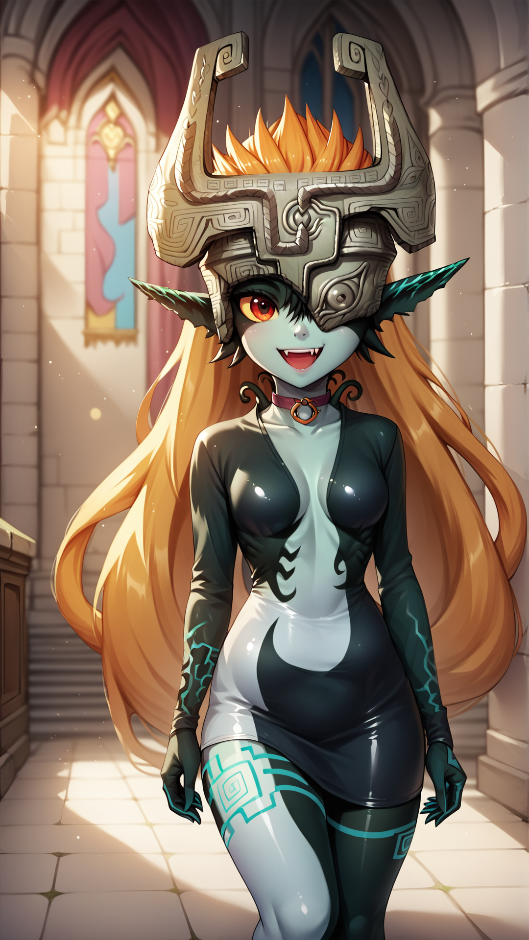 score_4_up,score_5_up,score_6_up,score_7_up,score_8_up,score_9 BREAK <lora:Princess_Peach_Shiny_Style_V4.0_Pony:0.7>,(midna),1girl,solo,jewelry,earrings,long hair,breasts,very long hair,big hair,choker,medium breasts,open mouth,:d,smile,shiny,shiny skin,facing viewer,upper teeth only,indoors,castle,cowboy shot,thighhighs,rating_safe,one eye covered,helmet,prehensile hair,rating_safe,green skin,two tone skin,