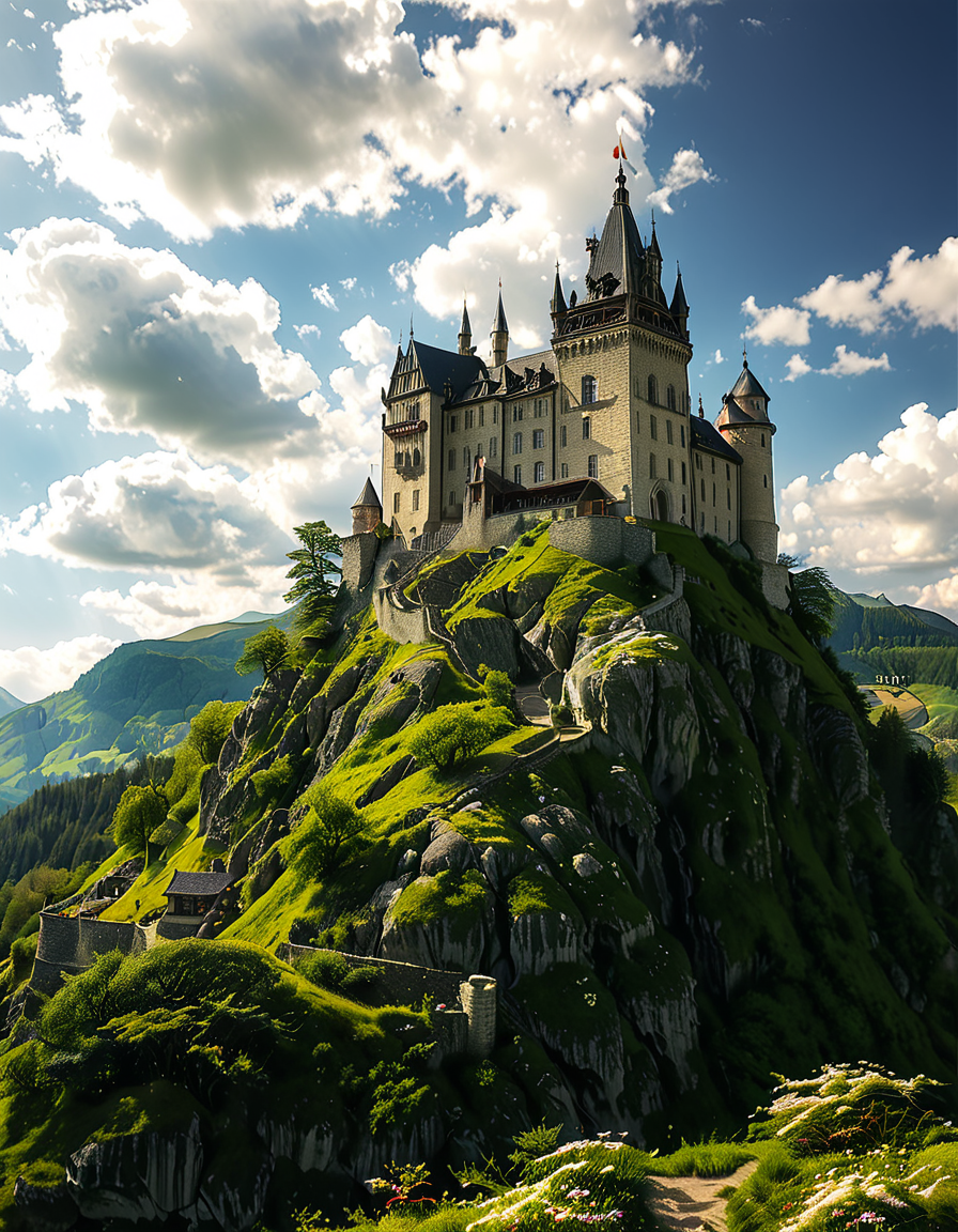 A realistic photograph of a grand medieval castle,medieval c4stl3, perched atop a rugged hill, surrounded by a scenic landscape. The castle is constructed from weathered gray stone, with tall, imposing towers, battlements, and a fortified wall encircling its perimeter. A large central keep rises above the other structures, its windows narrow and arched, evoking a sense of strength and history.
The hill is covered in patches of green grass and rocky outcrops, with a winding dirt path leading up to the castle gates. In the foreground, the surrounding countryside stretches out, dotted with small trees and wildflowers, while in the distance, rolling hills and a faint mist add depth and atmosphere to the scene. The sky above is partly cloudy, with rays of sunlight breaking through, casting dramatic shadows on the castle and hill.
The overall mood is majestic and timeless, capturing the grandeur and mystery of medieval architecture in harmony with its natural surroundings.<lora:SDXLFaeTastic2400:0.4> <lora:extremely_detailed:0.4> extremely detailed, <lora:medieval_c4stl3:1>, Masterpiece,best quality,hi res,8k,hi res,8k,award winning,(sharp focus, intricate, highly detailed),