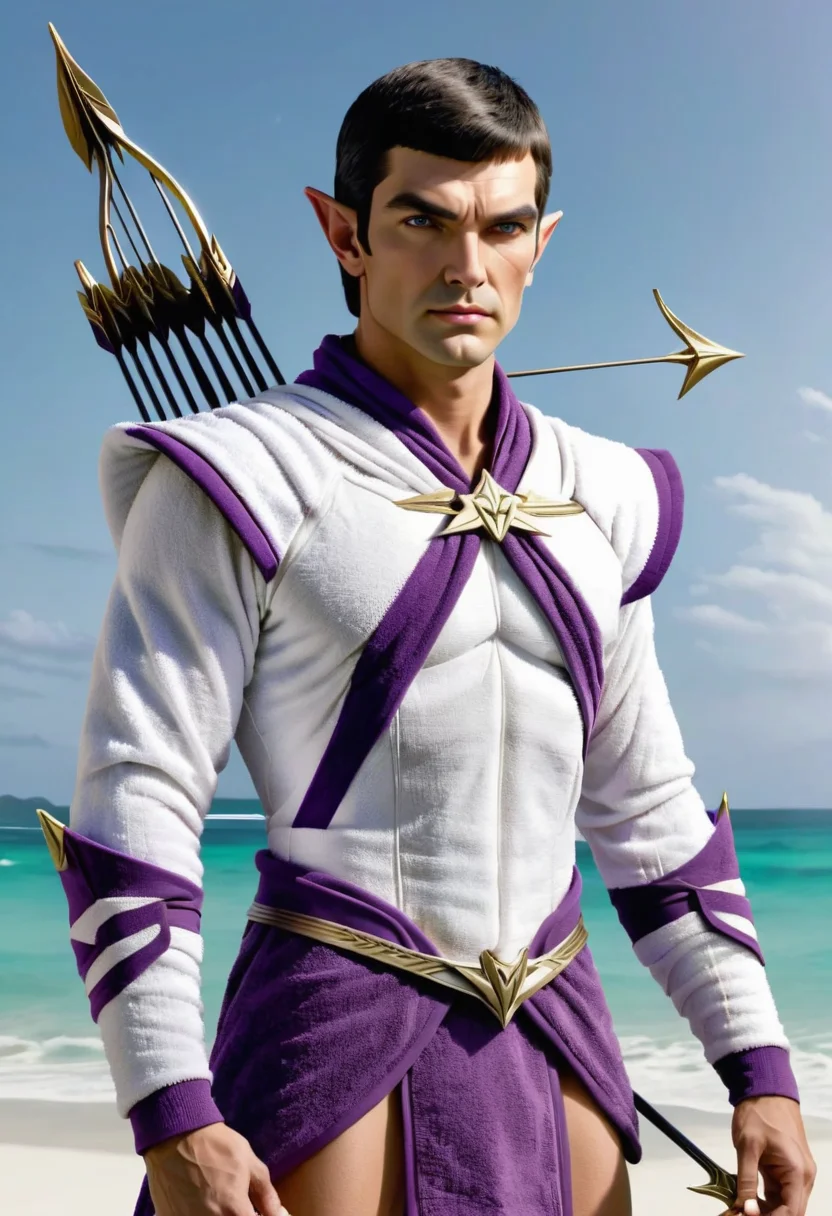 DonMT0w31XL towel, male romulan, , bow and arrow, purple <lora:DonMT0w31XL-000010:1>