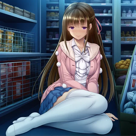 1girl, mitsuki, long hair, breasts, medium breasts, brown hair, closed mouth, indoors, naughty face, lips,  
straight_hair,hair_ribbon,open pink jacket,white shirt, blue skirt, white thighhighs, no shoes,
musashino sekai, abstract background, grocery store, night, dark, shade,  
 masterpiece, best quality, high quality, absurdres, highres,
