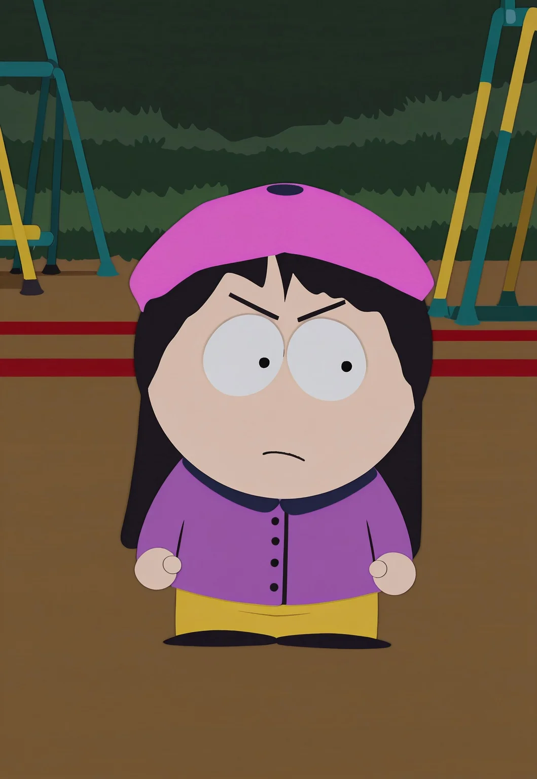 best quality, masterpiece, hi res, Wendy Testaburger from 1girl, solo, 1girl, black dot eyes, long black hair, parody,
pink beret, light purple jacket with a navy blue trim, navy blue gloves, yellow trousers
playground