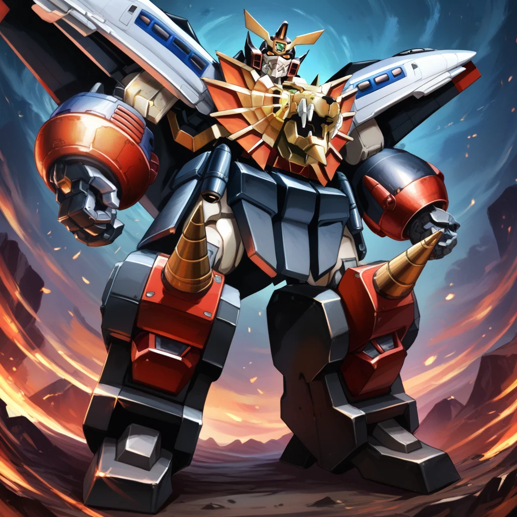 (score_9:0.9),score_8_up,score_7_up,rating_safe,(zPDXL3),(zPDXL),anime_style,
<lora:GaoGaiGar girl ponyXL v1:1>,
gaogaigar,no humans,super robot,solo,glowing eyes,clenched hands,science fiction,looking at viewer,v-fin,from below,full body,