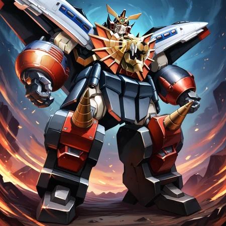 (score_9:0.9),score_8_up,score_7_up,rating_safe,(zPDXL3),(zPDXL),anime_style,
<lora:GaoGaiGar girl ponyXL v1:1>,
gaogaigar,no humans,super robot,solo,glowing eyes,clenched hands,science fiction,looking at viewer,v-fin,from below,full body,