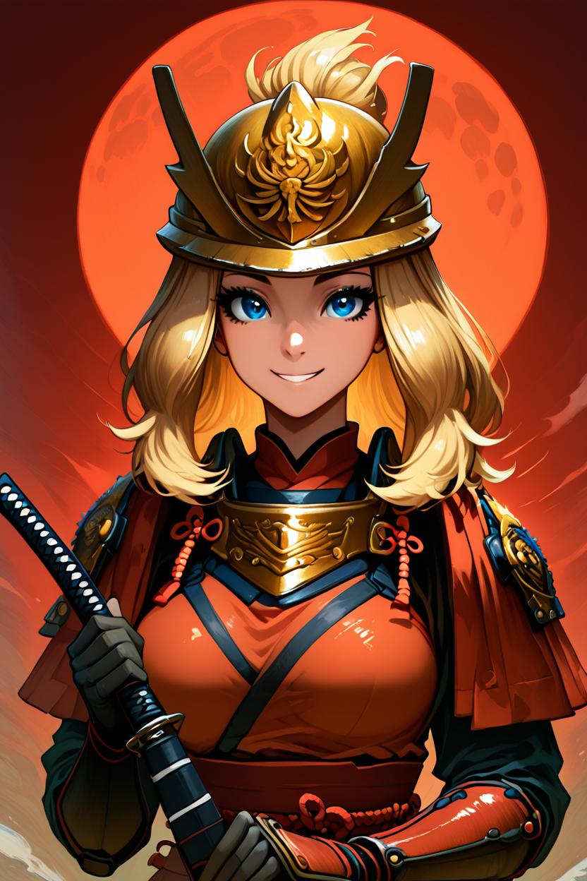 score_9, score_8_up, score_8, medium breasts, (curvy), cute, eyelashes,           BREAK, , BREAK,     1girl, solo, long hair, breasts, looking at viewer, smile, blue eyes, zzSerena, blonde hair,   solo,1boy, holding, weapon, male  focus,sword, holding  weapon,armor, glowing, holding  sword,moon, katana, helmet, shoulder  armor,gauntlets, sheath, full  moon,glint, japanese  armor,unsheathing, red  moon,samurai, drawing  sword,kabuto  (helmet)   ,<lora:SerenaPokemon_PDXL_r1:0.7>,  <lora:AnatoFinnstarkStyle_PDXL:1.0>,      embedding:zPDXL, Expressiveh, <lora:SDXLFaeTastic2400:0.5>,  <lora:Expressive_H-000001:0.4>,