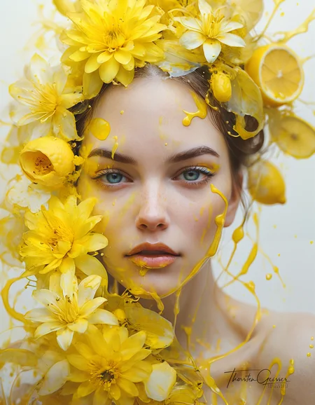 glamorous photo Art by florist Mandy Disher, digital illustration, portrait of a beautiful lady, perfect anatomy, centered, yellow lemon theme, multiple shades of yellow, burst of lemon zest and juice, close to perfection, dynamic, very detailed, watercolor, ArtStation, concept art, blur, sharp focus, illustration, Carne Griffiths, Wadim Kashin. . high fashion, luxurious, extravagant, stylish, sensual, opulent, elegance, stunning beauty, professional, high contrast, detailed  <lora:MJ52.safetensors:0.60>  <lora:Model\Anna_024.safetensors:0.70>