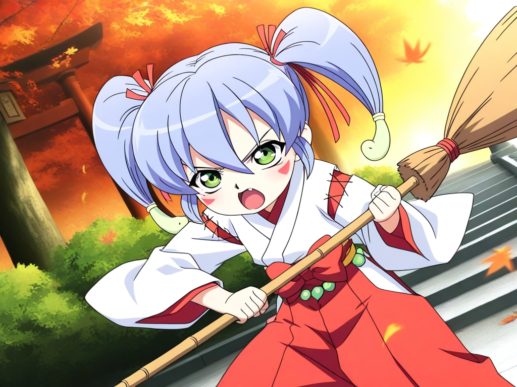 general,highres, ultra-detailed,very aesthetic,best quality ,best hands, BREAK <lora:Nazuna_Onmyou_Taisenki_Ver2.0_IS:1>Nazuna, 1girl, solo, blue hair, short hair, red ribbon, hair ribbon, short twintails, magatama hair ornament,green eyes,
absurdres,highres,masterpiece,best quality,amazing quality,official anime artwork,outdoors, anime screencap,
petite,aged down, 1girl,solo, (Volumetric Lighting,Cinematic Lighting), autumn leaves,tree,bush,falling leaves,shrine,torii,stairs,stone lantern, upper body,dynamic pose,motion lines,motion blur, open mouth,angry, fighting stance,holding broom,dutch angle, BREAK 
blue hair,short hair,red ribbon,hair ribbon,short twintails,magatama hair ornament,
green eyes,red triangle facial mark,hair between eyes,white kimono,cross-laced sleeves,long sleeves,wide sleeves,red hakama pants,red layered waist bow,yellow waist beads,