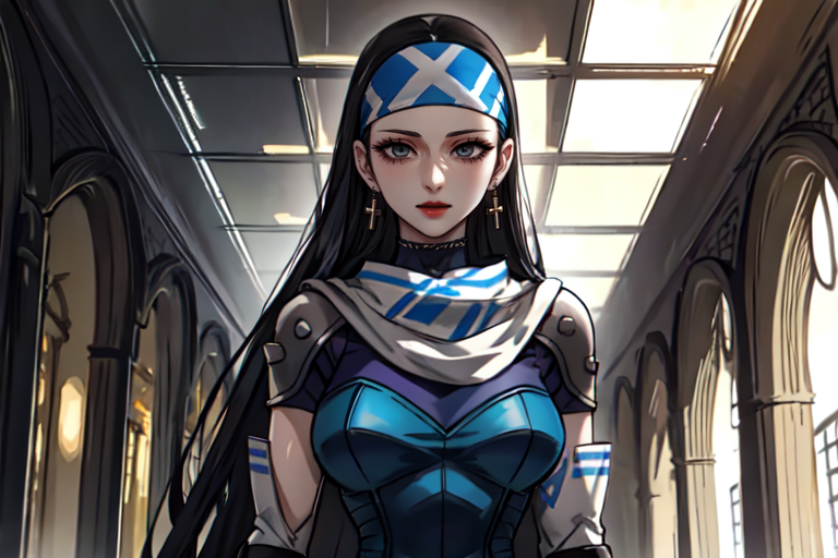 highly insanely detailed, masterpiece, top quality, best quality, highres, 4k, 8k, RAW photo, (very aesthetic, beautiful and aesthetic),  
beth_\(megami_tensei\),bethsmtii,shin megami tensei ii,long hair,black hair,straight hair,sleek black,jewelry,cross,headband,red_lipstick,messian_cross_earrings,cross_earrings,religious_earrings,messian_symbol_jewelry,Blue_dress,armored_corset,blue shirt,bandana_with_messian_symbol,Religious_bandana,symbol_headband,messian_church_bandana,katana,sword,Tokyo_Millennium,post-apocalyptic_city,dystopian_world,Millennium_News_Network,City_news,propaganda_broadcasts,information_contro,Great_Cataclysm,World_ending_event,apocalyptic_disaster,city_rebirt, 
<lora:zs_Beth:0.8>, 
(1girl:1.3), 1other, 
Majestic Baroque halls,grey background,âââ