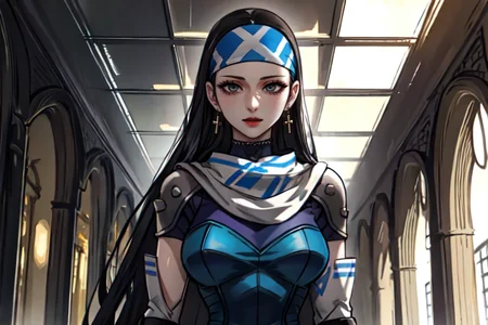 highly insanely detailed, masterpiece, top quality, best quality, highres, 4k, 8k, RAW photo, (very aesthetic, beautiful and aesthetic),
beth_\(megami_tensei\),bethsmtii,shin megami tensei ii,long hair,black hair,straight hair,sleek black,jewelry,cross,headband,red_lipstick,messian_cross_earrings,cross_earrings,religious_earrings,messian_symbol_jewelry,Blue_dress,armored_corset,blue shirt,bandana_with_messian_symbol,Religious_bandana,symbol_headband,messian_church_bandana,katana,sword,Tokyo_Millennium,post-apocalyptic_city,dystopian_world,Millennium_News_Network,City_news,propaganda_broadcasts,information_contro,Great_Cataclysm,World_ending_event,apocalyptic_disaster,city_rebirt,
<lora:zs_Beth:0.8>,
(1girl:1.3), 1other,
Majestic Baroque halls,grey background,âââ