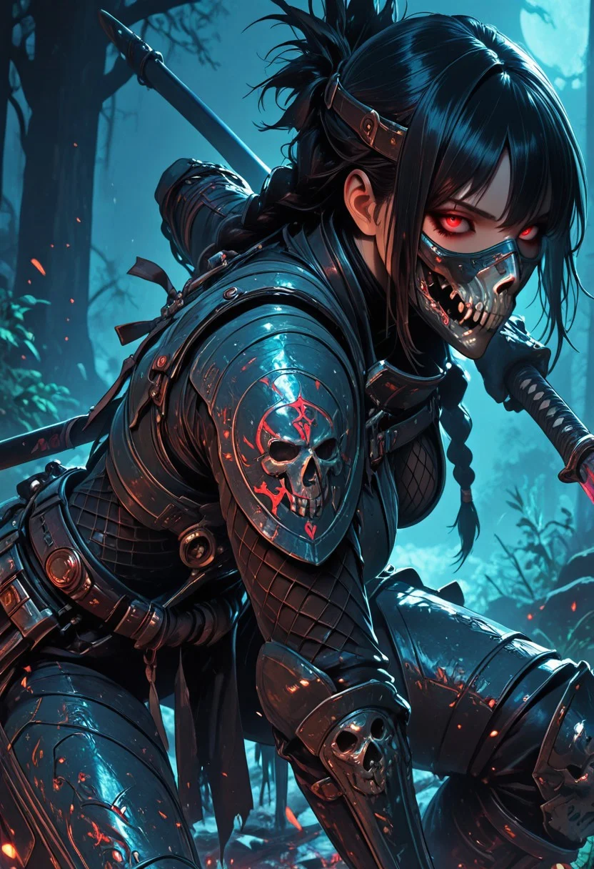 (masterpiece), (best quality), (8k), 1girl, cinematic lighting, dynamic action pose, highres, very detailed, amazing quality, masterpiece, fujimoto_tatsuki, fujimoto_tatsuki_(style),
very aesthetic, intense,
particle effect,
1girl, samurai, solo, braided hair, layered samurai armor, engraved, bodysuit, tight clothing, fishnets, sleeveless, futuristic armor, runic symbols etched in armor, armored legs, full mask, halfmask, katana, red eyes, skulls,
assassin theme, japan theme,
looking at viewer, tough pose, holding spear,
mountains,
at night, night, close up, closeup,