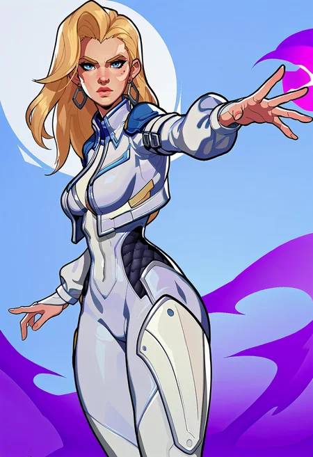 score_9, score_8_up, score_7_up, score_6_up, expressiveh, dagger_rivals, 1girl, solo, blue eyes, blonde hair, long hair, eyeliner, moon mark, earrings, cropped jacket, open jacket, bodysuit, white bodysuit, white clothes, fingerless gloves, blue details, looking at viewer, detailed background, posing, dynamic angle, dynamic pose, sexy expression, sexy thighs, narrow waist, daggers, throwing daggers, floating weapon, cowboy shot, dutch angle, purple energy <lora:Expressive_H:0.3> <lora:GLOSS:0.5> <lora:Lunas-NatTheLich-SDXL-C2:0.5> <lora:fishine_v22m:0.5><lora:Dagger_Marvel_Rivals_-_PonyXL:0.7>