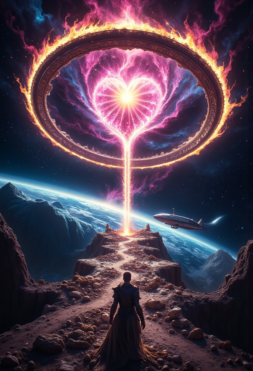 Epic cosmic scene, ultra-detailed, cinematic, 8K resolution.
View from above: A lone, battle-worn knight in intricate, weathered armor struggles forward, bent under the immense pressure of a radiant, flowing light. His outstretched hand reaches against the luminous force, his tattered cape billowing.
Before him, a colossal Dyson sphere-like ring encircles a soft pink, pulsating star, its metallic surface adorned with ancient, glowing runes. At its center, a heart-shaped fissure radiates a blinding celestial glow, beckoning yet overwhelming.
A mystical road of cosmic energy stretches toward the heart, suspended in the void, its surface littered with the skeletal remains and shattered armor of fallen travelers. Behind the knight, his sleek, futuristic spaceship remains docked at the road’s distant edge, contrasting the ancient spectacle ahead.
In the distance, Earth glows in the cosmic abyss, its orbit entwined with the enigmatic pink star. The scene is bathed in ethereal nebula hues, high-contrast lighting, and a sense of grandeur, mystery, and destiny.